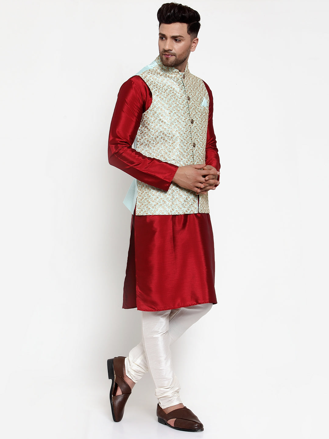 Jompers Men's Solid Dupion Kurta Pajama with Embroidered Nehru Jacket ( JOKPWC M-D 4016Sky )
