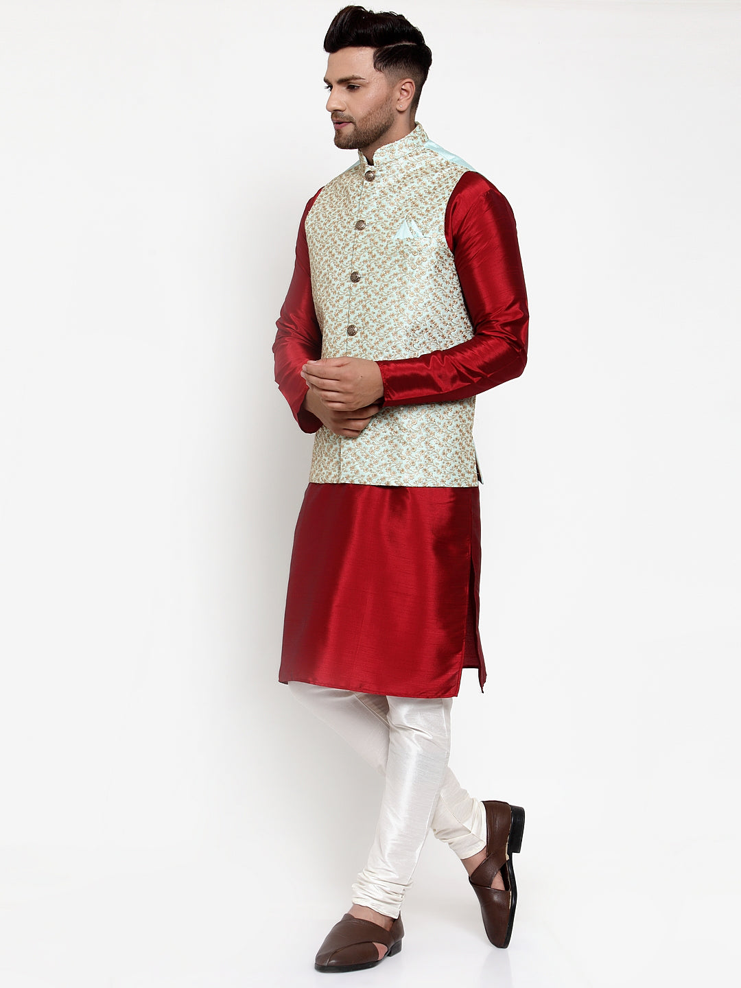 Jompers Men's Solid Dupion Kurta Pajama with Embroidered Nehru Jacket ( JOKPWC M-D 4016Sky )