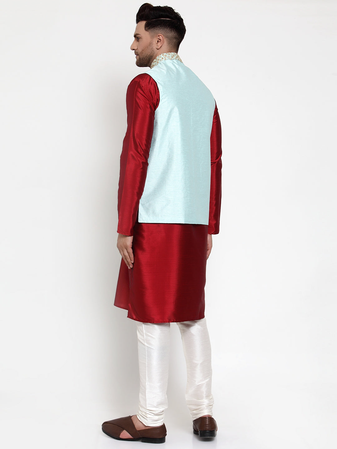 Jompers Men's Solid Dupion Kurta Pajama with Embroidered Nehru Jacket ( JOKPWC M-D 4016Sky )