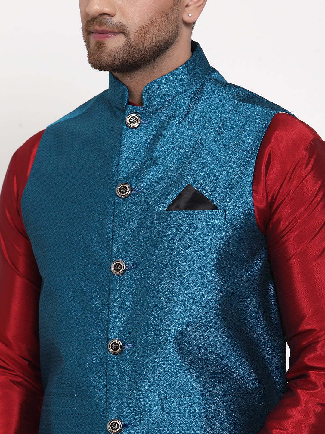 Jompers Men's Solid Dupion Kurta Pajama with Woven Nehru Jacket ( JOKPWC M-D 4017Blue )