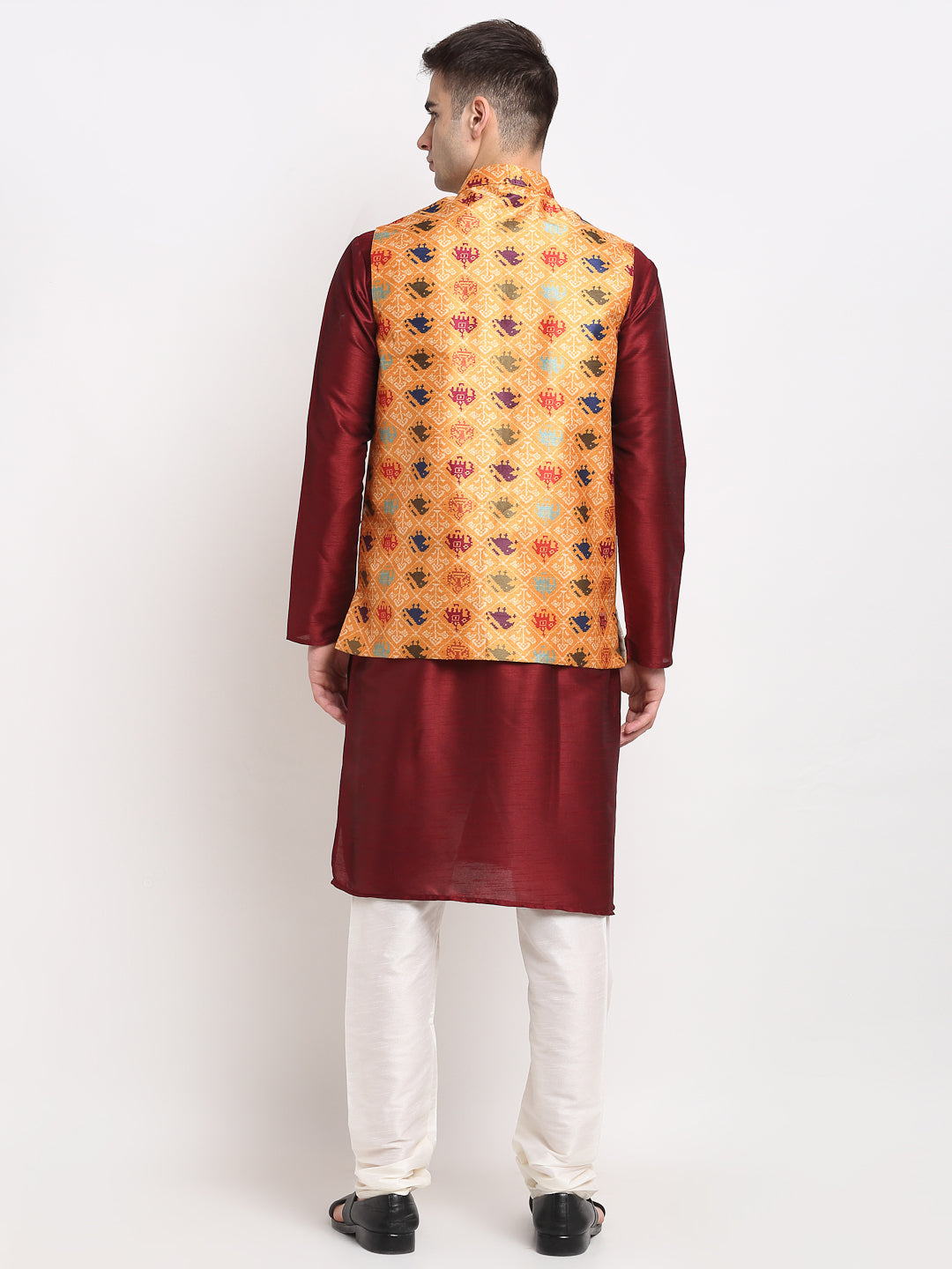 Jompers Men's Maroon Dupion Silk Kurta with Churidar & Nehru Jacket ( JOKPWC M-D 4025Orange )