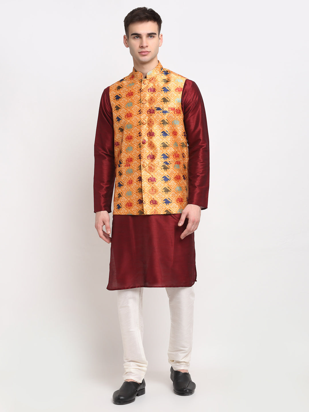 Jompers Men's Maroon Dupion Silk Kurta with Churidar & Nehru Jacket ( JOKPWC M-D 4025Orange )