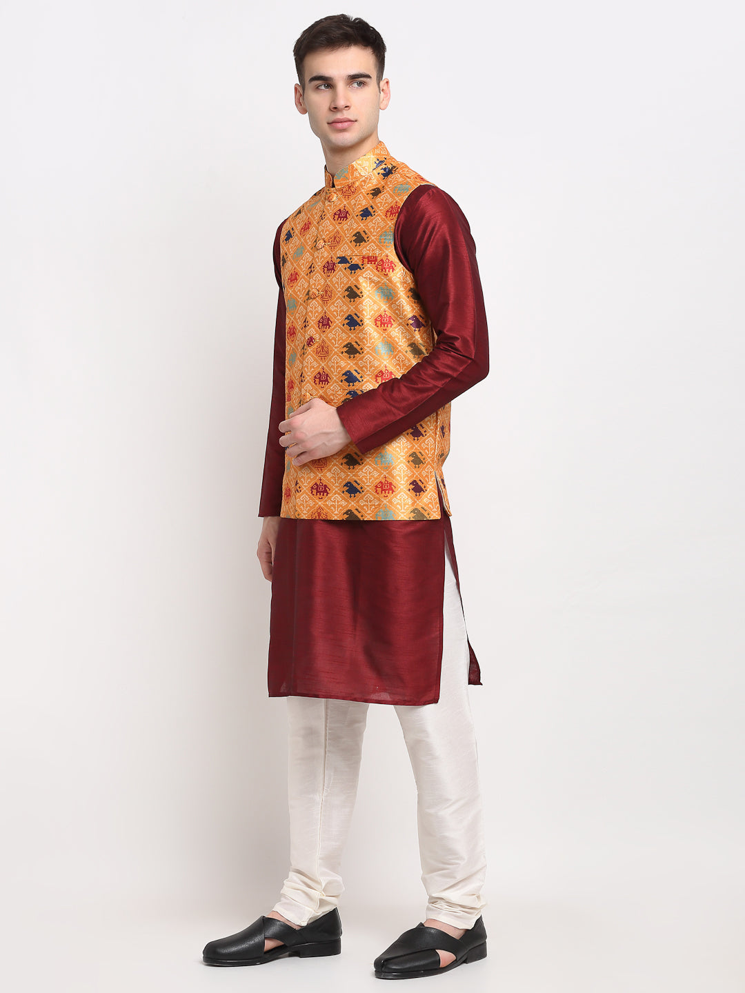 Jompers Men's Maroon Dupion Silk Kurta with Churidar & Nehru Jacket ( JOKPWC M-D 4025Orange )