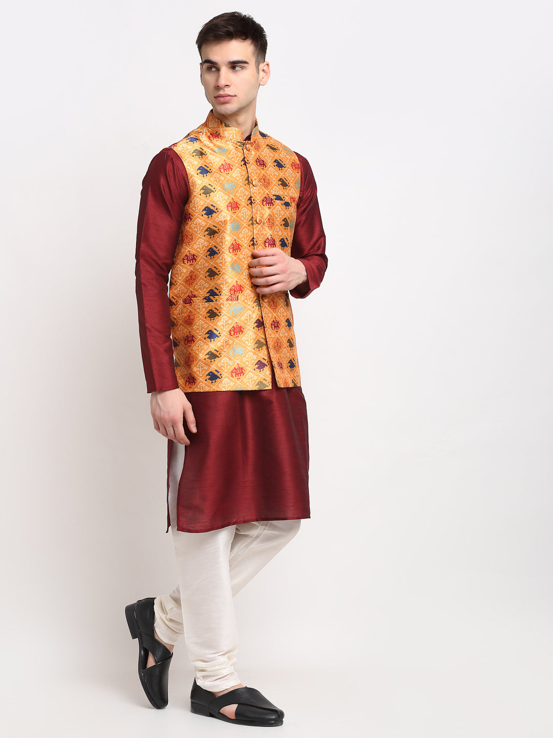 Jompers Men's Maroon Dupion Silk Kurta with Churidar & Nehru Jacket ( JOKPWC M-D 4025Orange )