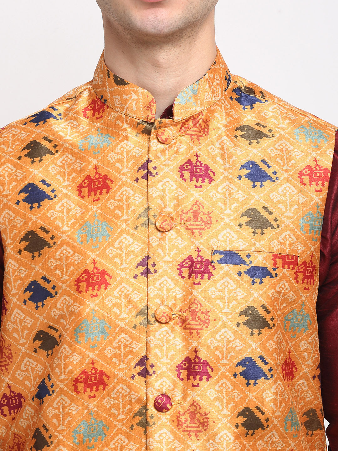 Jompers Men's Maroon Dupion Silk Kurta with Churidar & Nehru Jacket ( JOKPWC M-D 4025Orange )