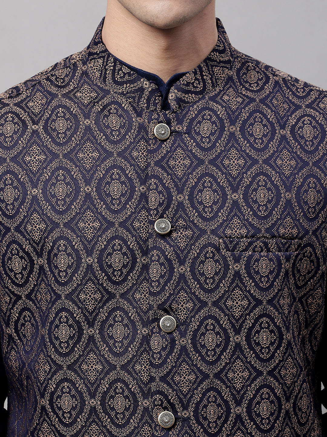 Men Navy Blue Solid Kurta Pyjama with Brown Woven Design Nehru Jacket