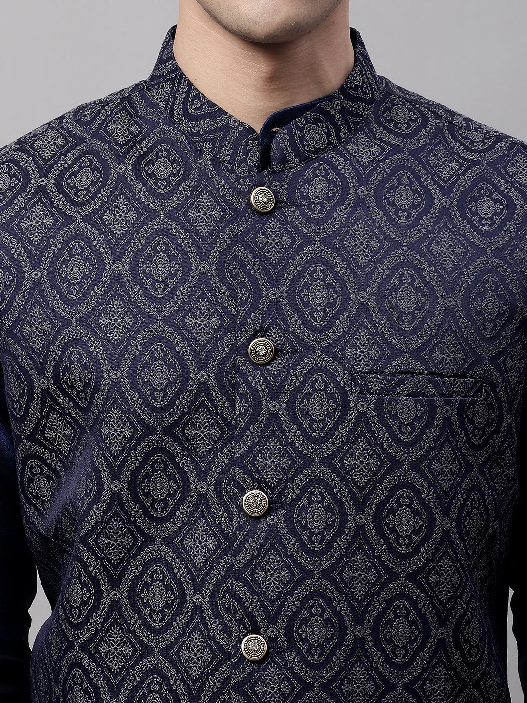 Men Navy Blue Solid Kurta Pyjama with Silver Woven Design Nehru Jacket
