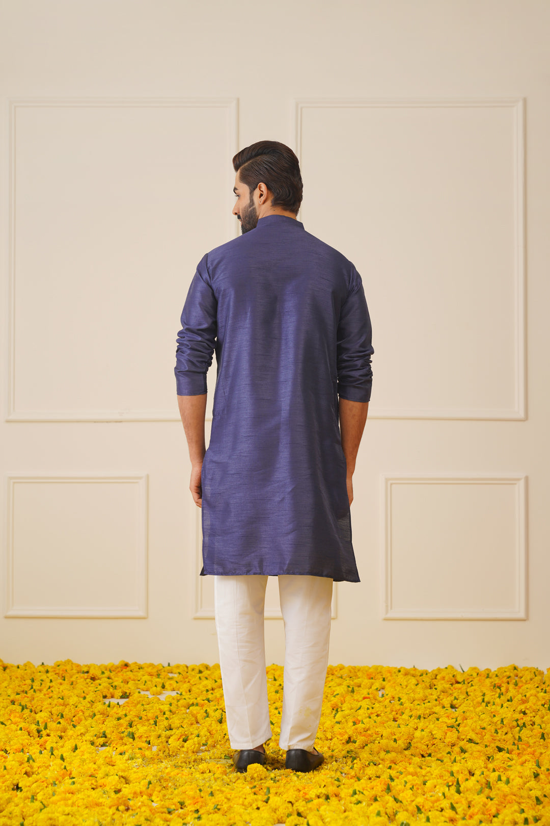 Men Navy Blue Solid Kurta Pyjama with Green Woven Design Nehru Jacket