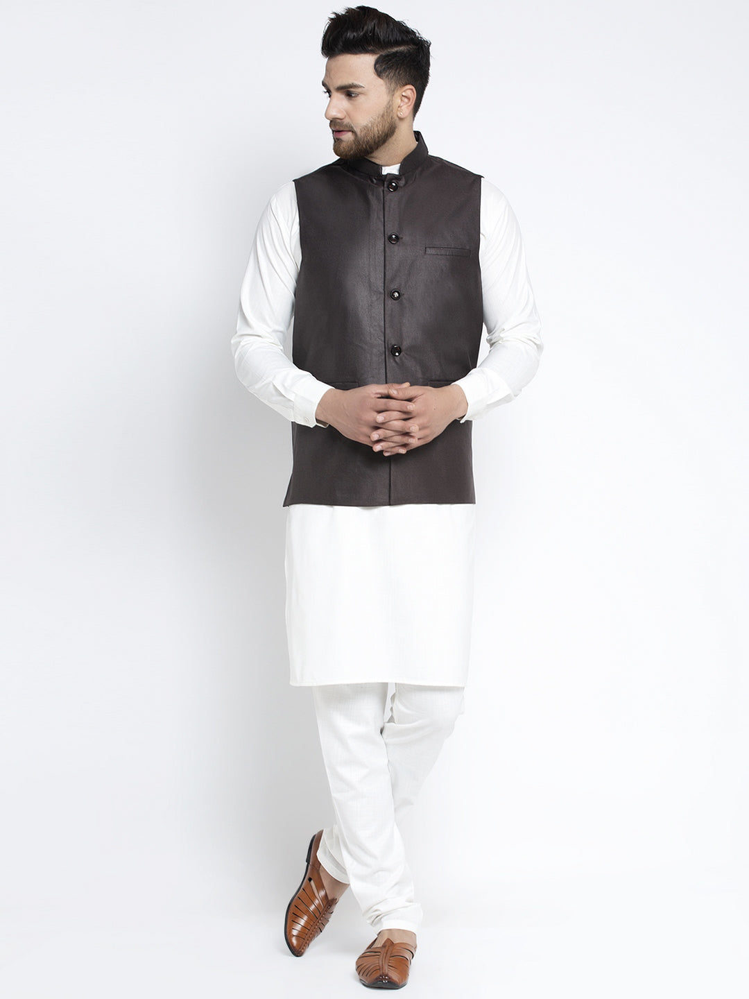 Jompers Men's Solid White Cotton Kurta Payjama with Solid Coffee Waistcoat ( JOKPWC OW-F 4021 Coffee )