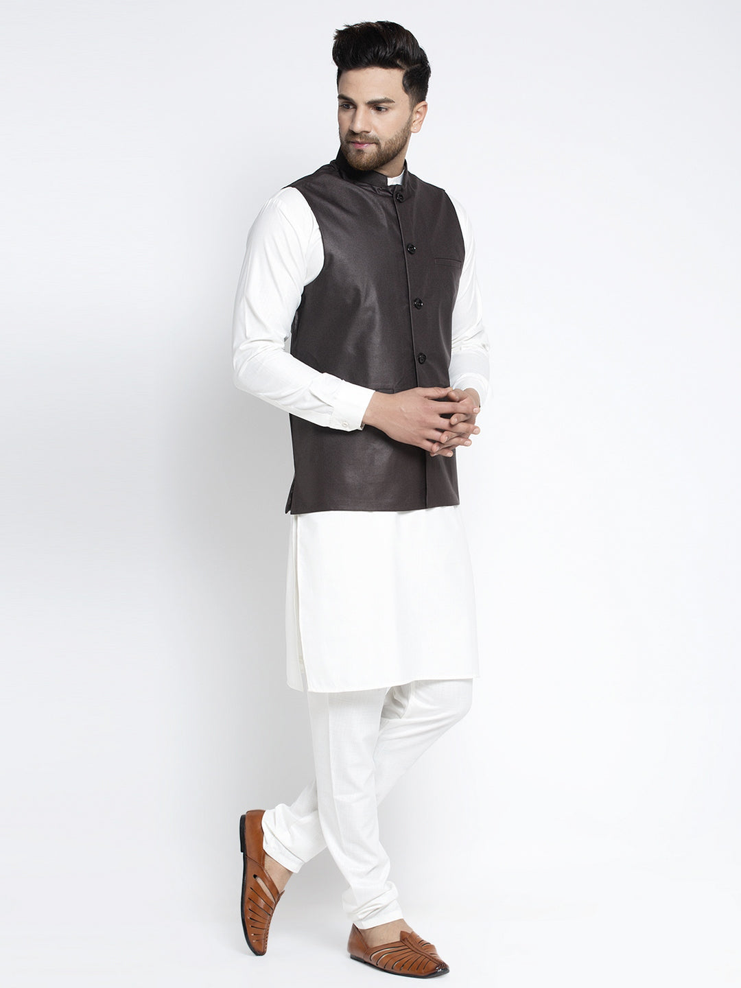Jompers Men's Solid White Cotton Kurta Payjama with Solid Coffee Waistcoat ( JOKPWC OW-F 4021 Coffee )