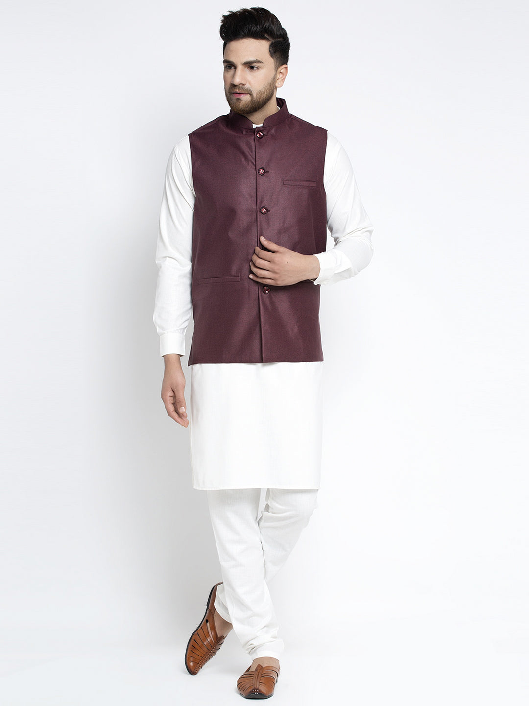 Jompers Men's Solid White Cotton Kurta Payjama with Solid Maroon Waistcoat ( JOKPWC OW-F 4021 Maroon )