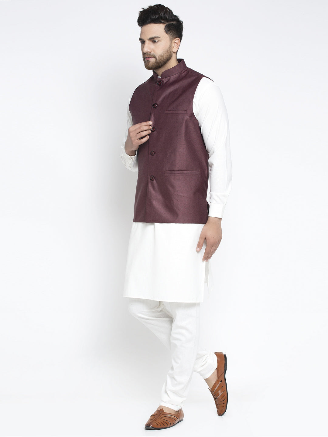 Jompers Men's Solid White Cotton Kurta Payjama with Solid Maroon Waistcoat ( JOKPWC OW-F 4021 Maroon )