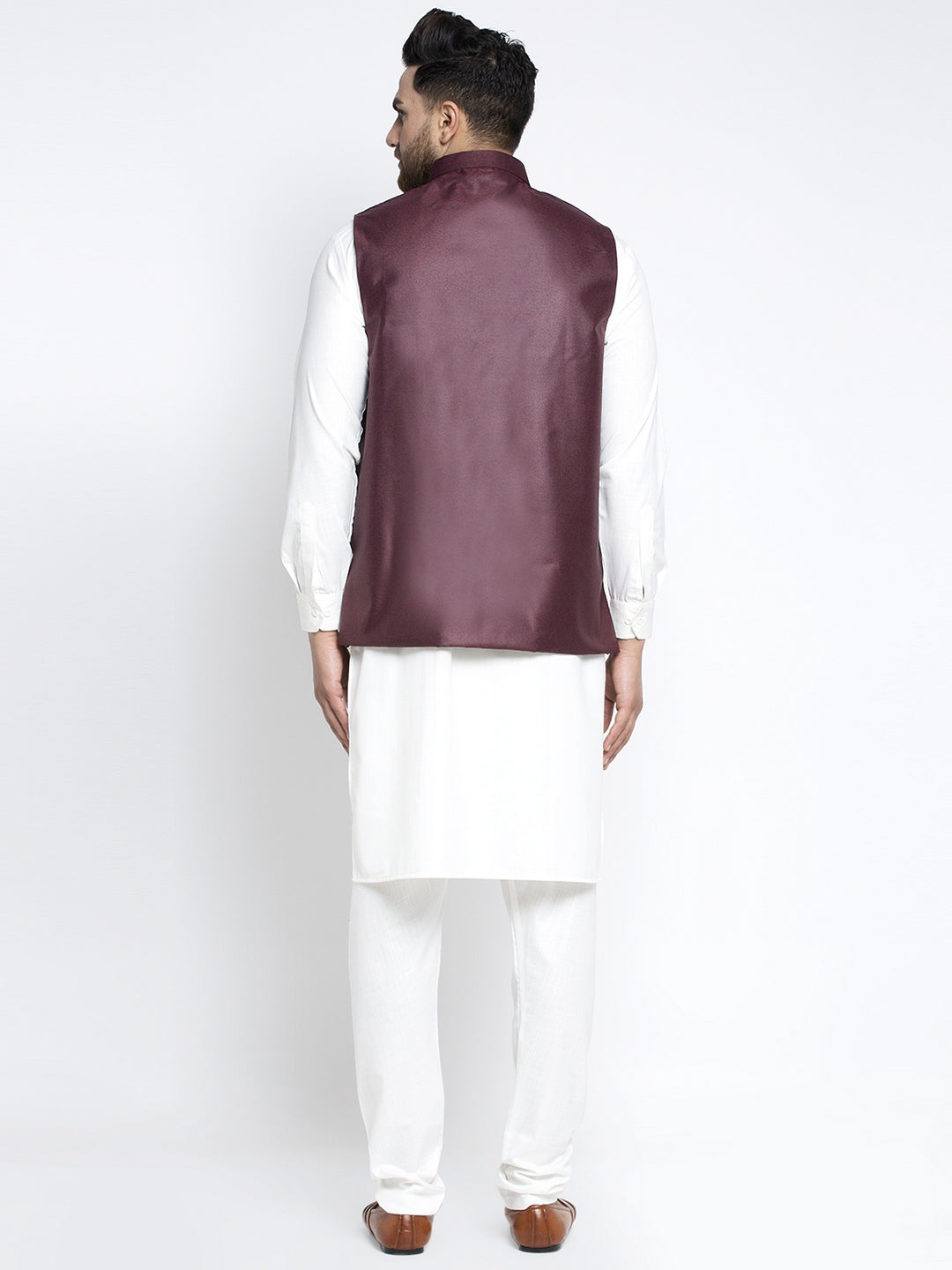 Jompers Men's Solid White Cotton Kurta Payjama with Solid Maroon Waistcoat ( JOKPWC OW-F 4021 Maroon )