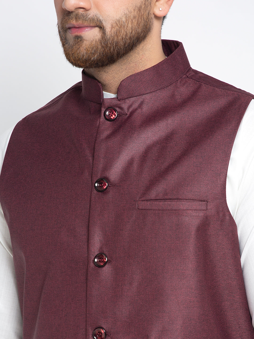 Jompers Men's Solid White Cotton Kurta Payjama with Solid Maroon Waistcoat ( JOKPWC OW-F 4021 Maroon )