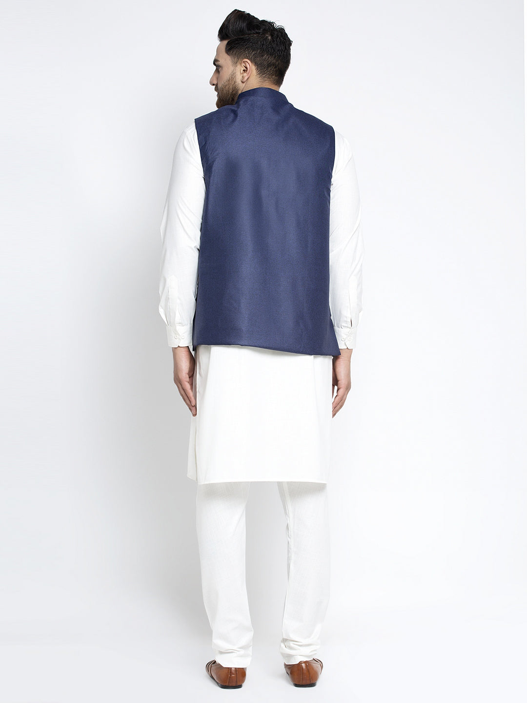 Jompers Men's Solid White Cotton Kurta Payjama with Solid Navy Waistcoat ( JOKPWC OW-F 4021 Navy )