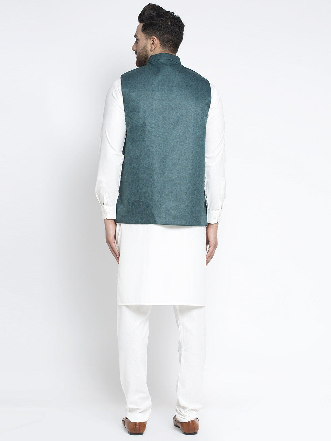 Jompers Men's Solid White Cotton Kurta Payjama with Solid Teal Waistcoat ( JOKPWC OW-F 4021 Teal )
