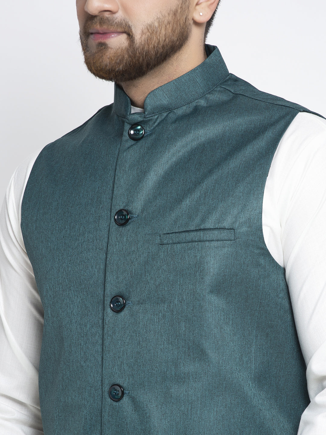 Jompers Men's Solid White Cotton Kurta Payjama with Solid Teal Waistcoat ( JOKPWC OW-F 4021 Teal )
