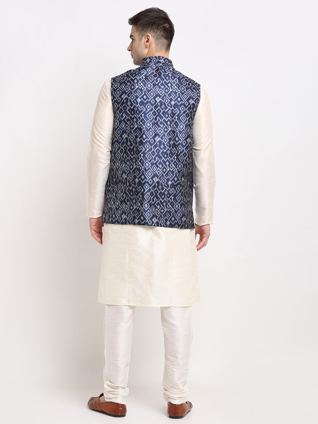 Jompers Men's Off-white Dupion Silk Kurta with Churidar & Nehru Jacket ( JOKPWC W-D 4025Blue )