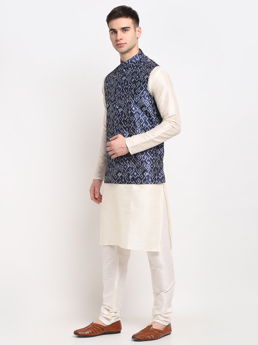 Jompers Men's Off-white Dupion Silk Kurta with Churidar & Nehru Jacket ( JOKPWC W-D 4025Blue )