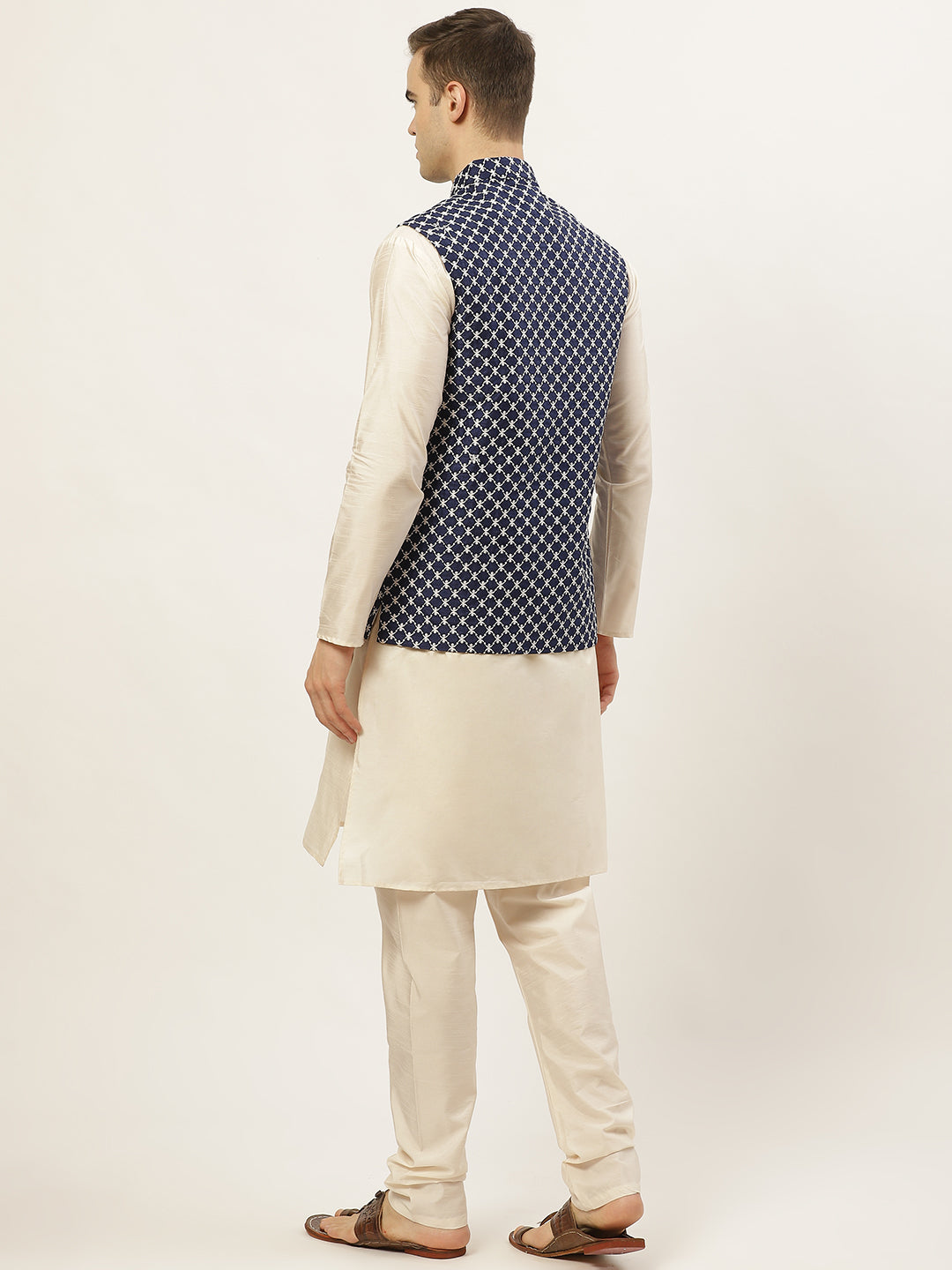 Jompers Men's Embroidered Nehru Jacket & Kurta Pyjama ( JOKPWC W-D 4029Navy )