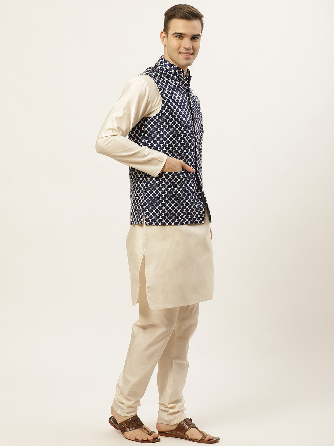 Jompers Men's Embroidered Nehru Jacket & Kurta Pyjama ( JOKPWC W-D 4029Navy )