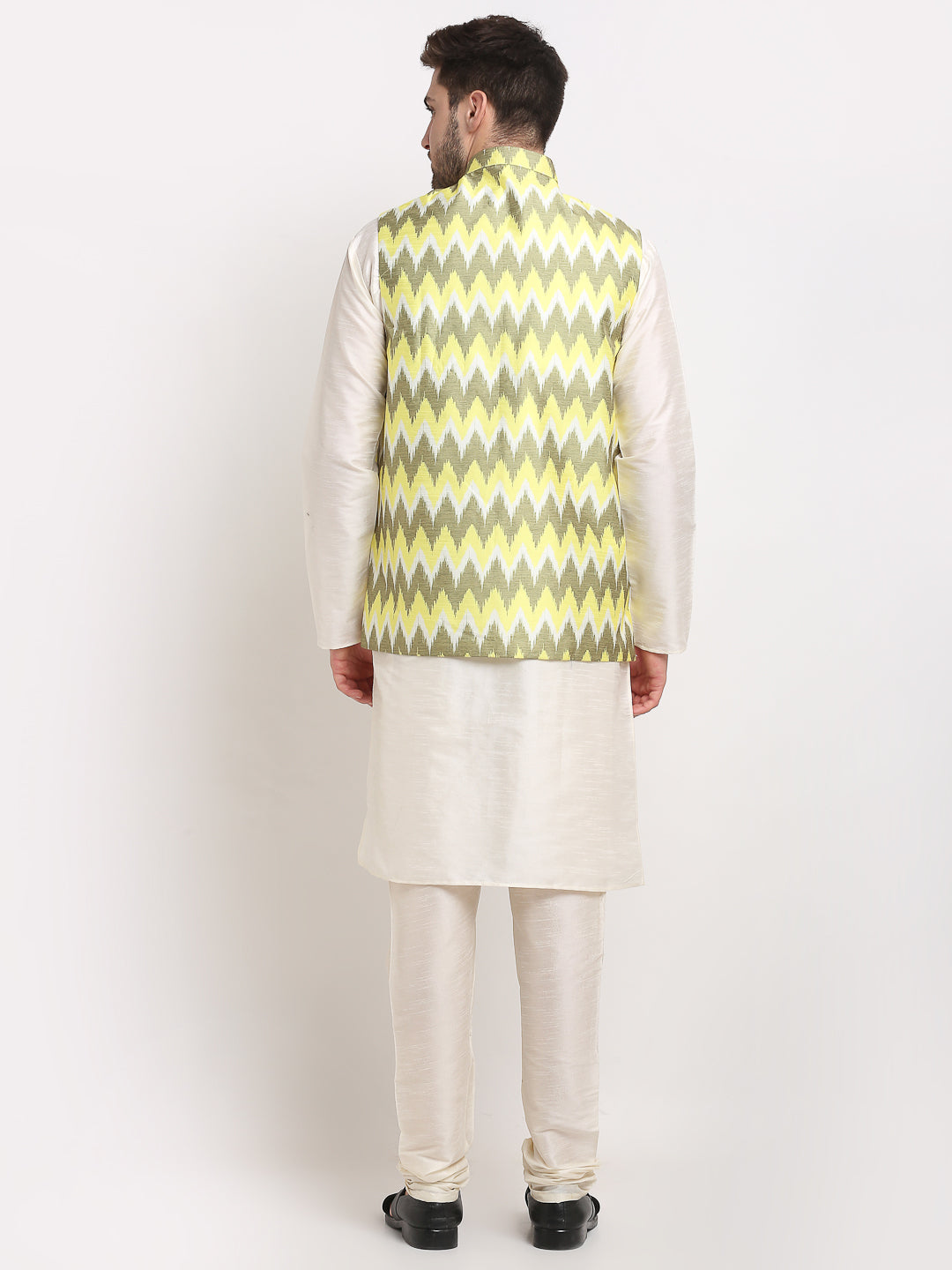 Jompers Men's Ikat Print Nehru Jacket & Kurta Pyjama ( JOKPWC W-D 4030Multi-Olive )