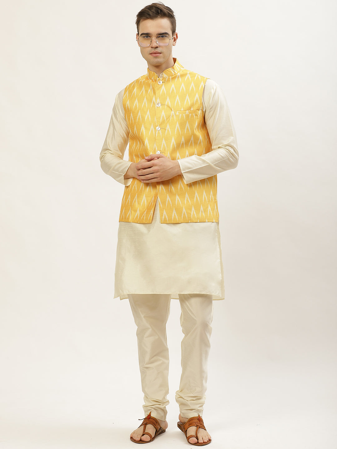 Jompers Men's Ikat Print Nehru Jacket & Kurta Pyjama ( JOKPWC W-D 4030Mustard )