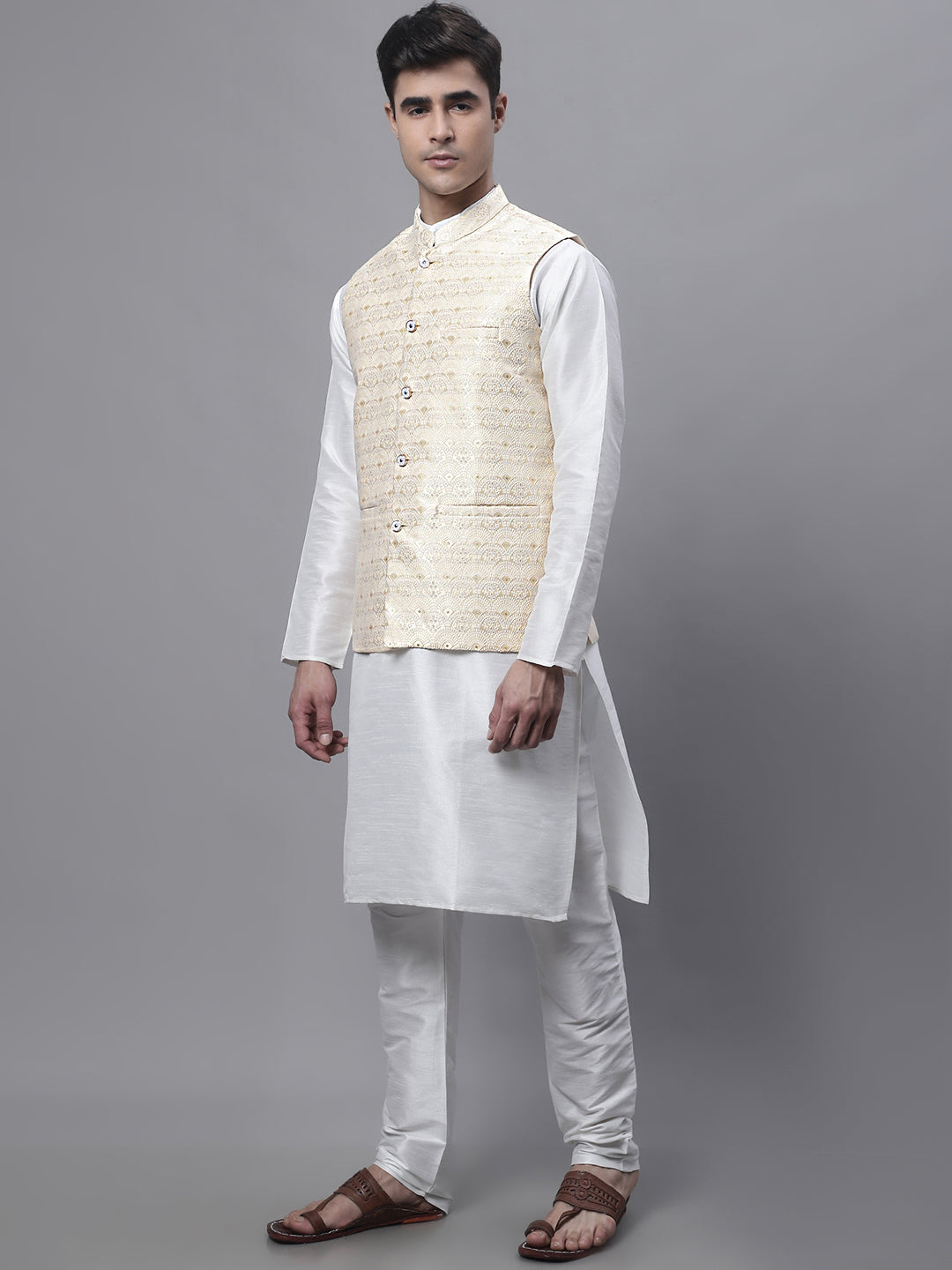Men off-White Solid Kurta Pyjama with Golden Woven Design Nehru Jacket