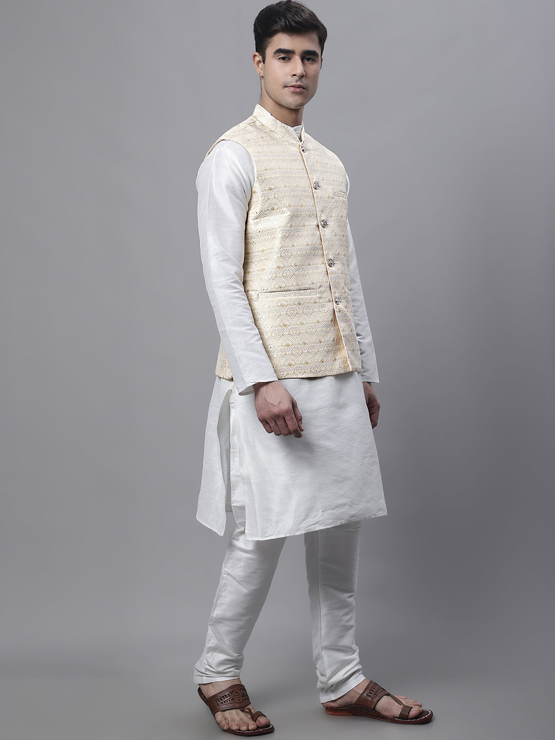 Men off-White Solid Kurta Pyjama with Golden Woven Design Nehru Jacket