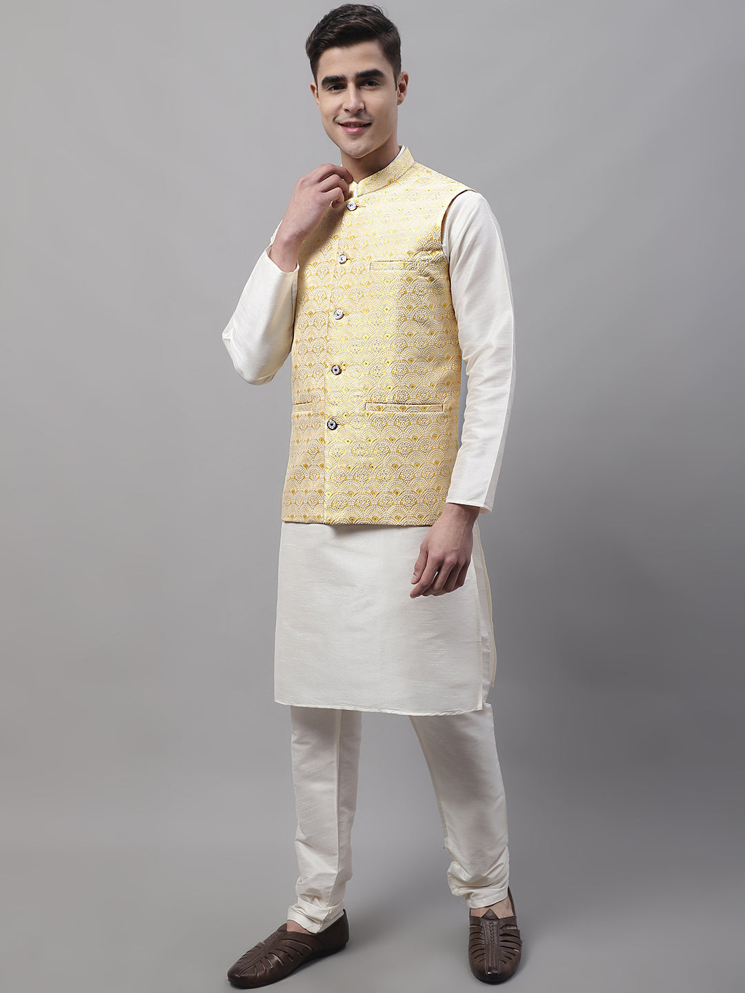 Men off-White Solid Kurta Pyjama with Yellow Woven Design Nehru Jacket
