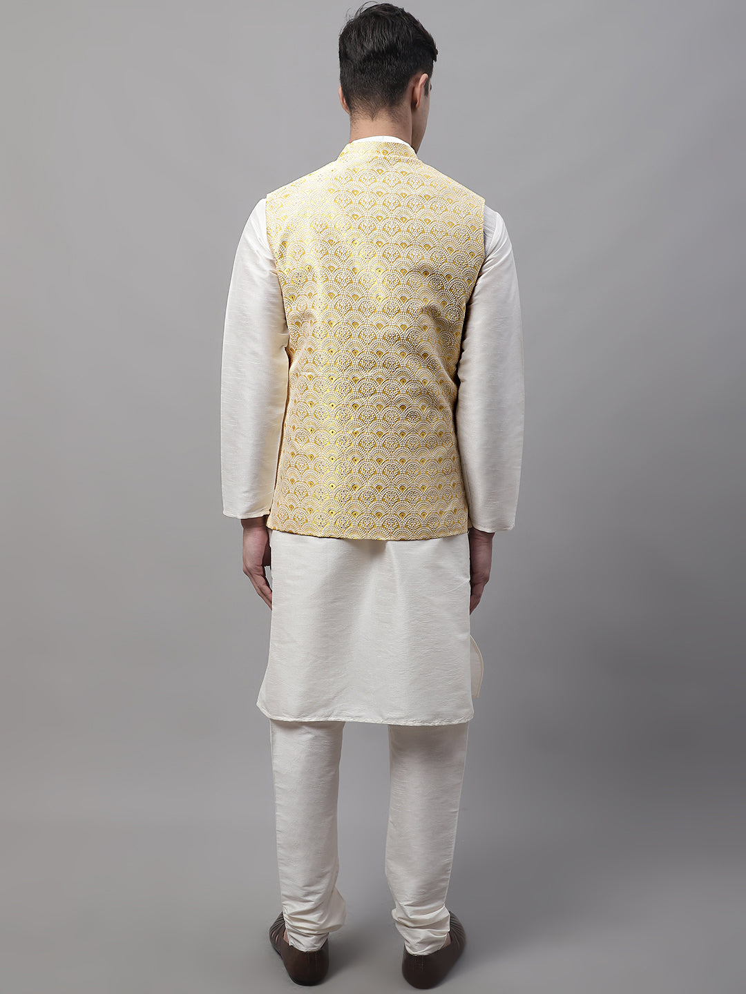 Men off-White Solid Kurta Pyjama with Yellow Woven Design Nehru Jacket