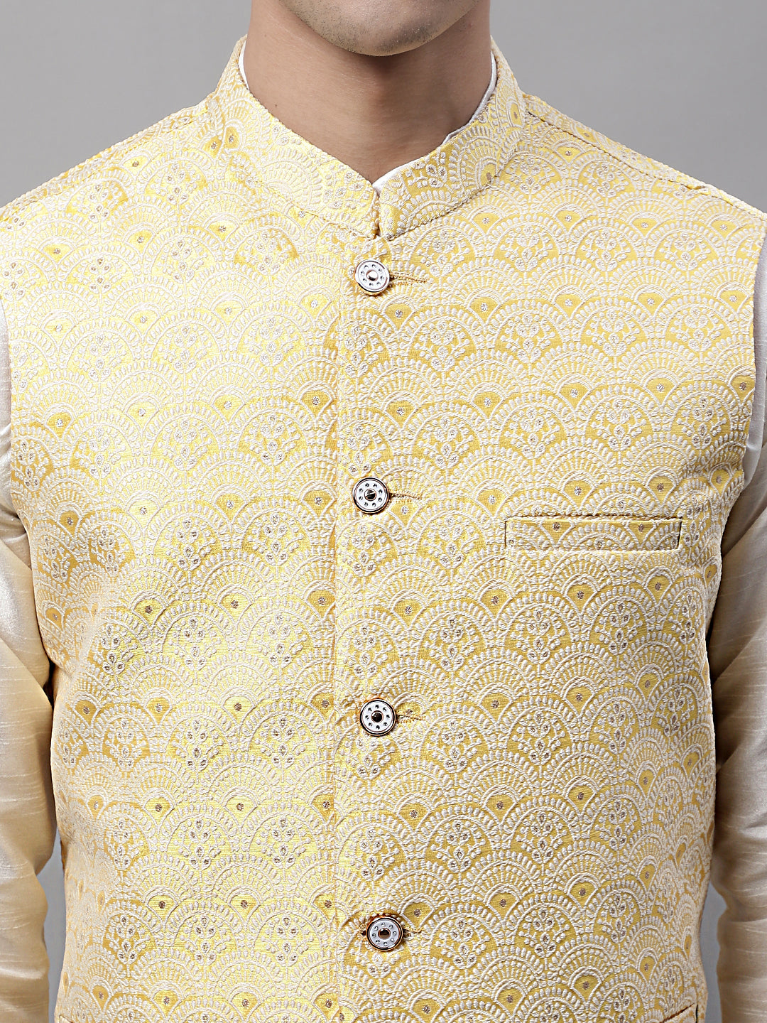 Men off-White Solid Kurta Pyjama with Yellow Woven Design Nehru Jacket