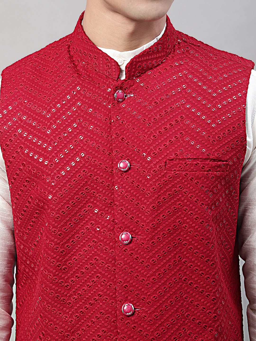 Men White Solid Kurta Pyjama with Maroon Embroidered Nehru Jacket