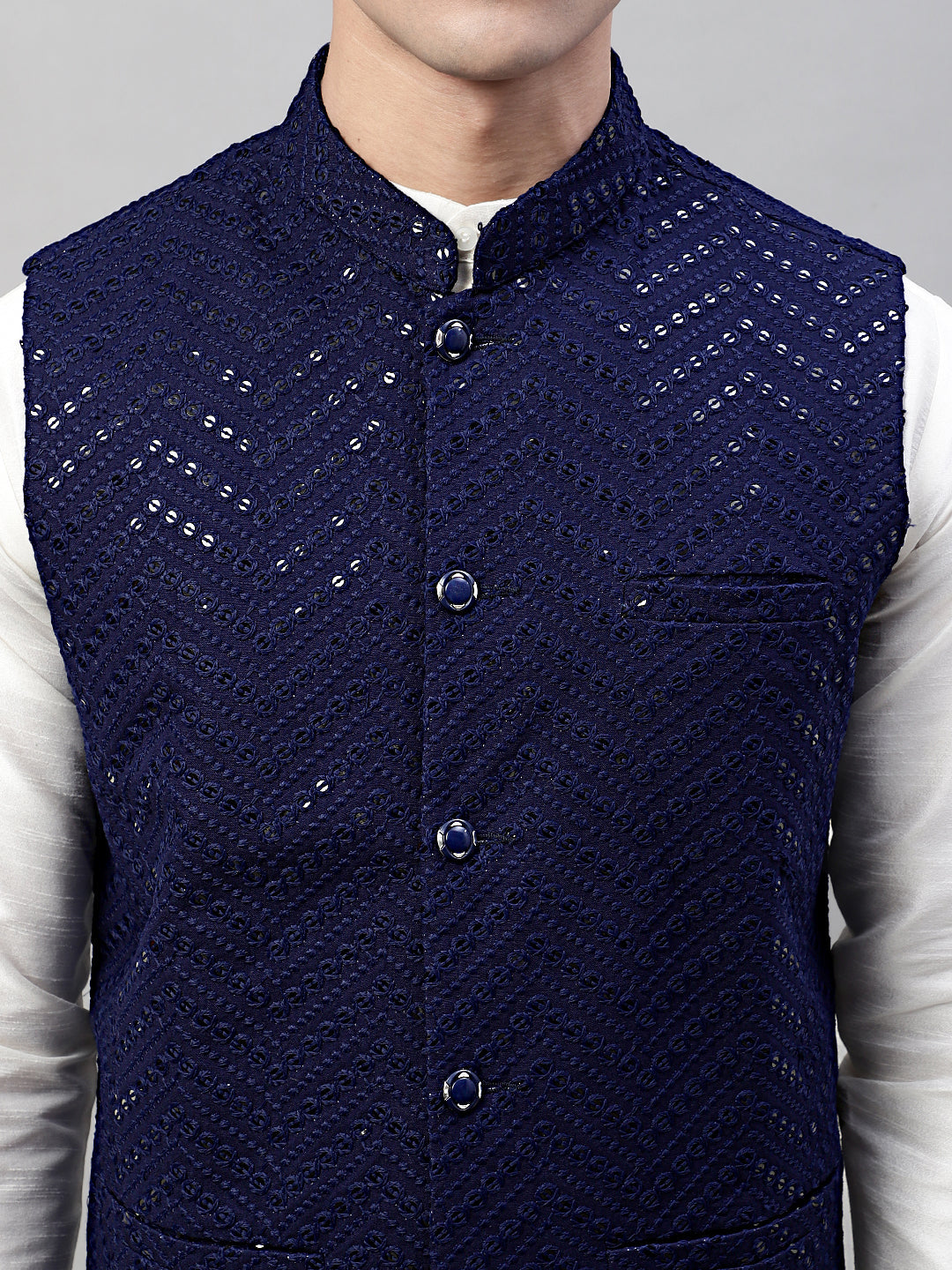 Men White Solid Kurta Pyjama with Navy Blue Embroidered Nehru Jacket