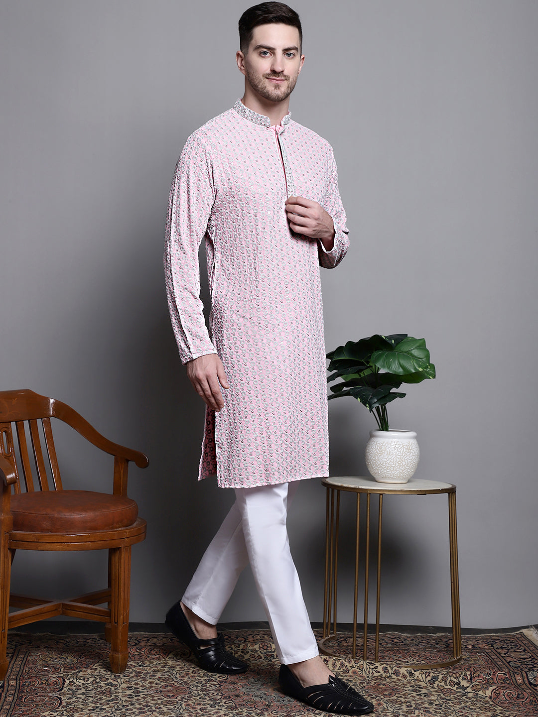 Sequin Embroidered Pure Cotton Kurta with Pyjamas