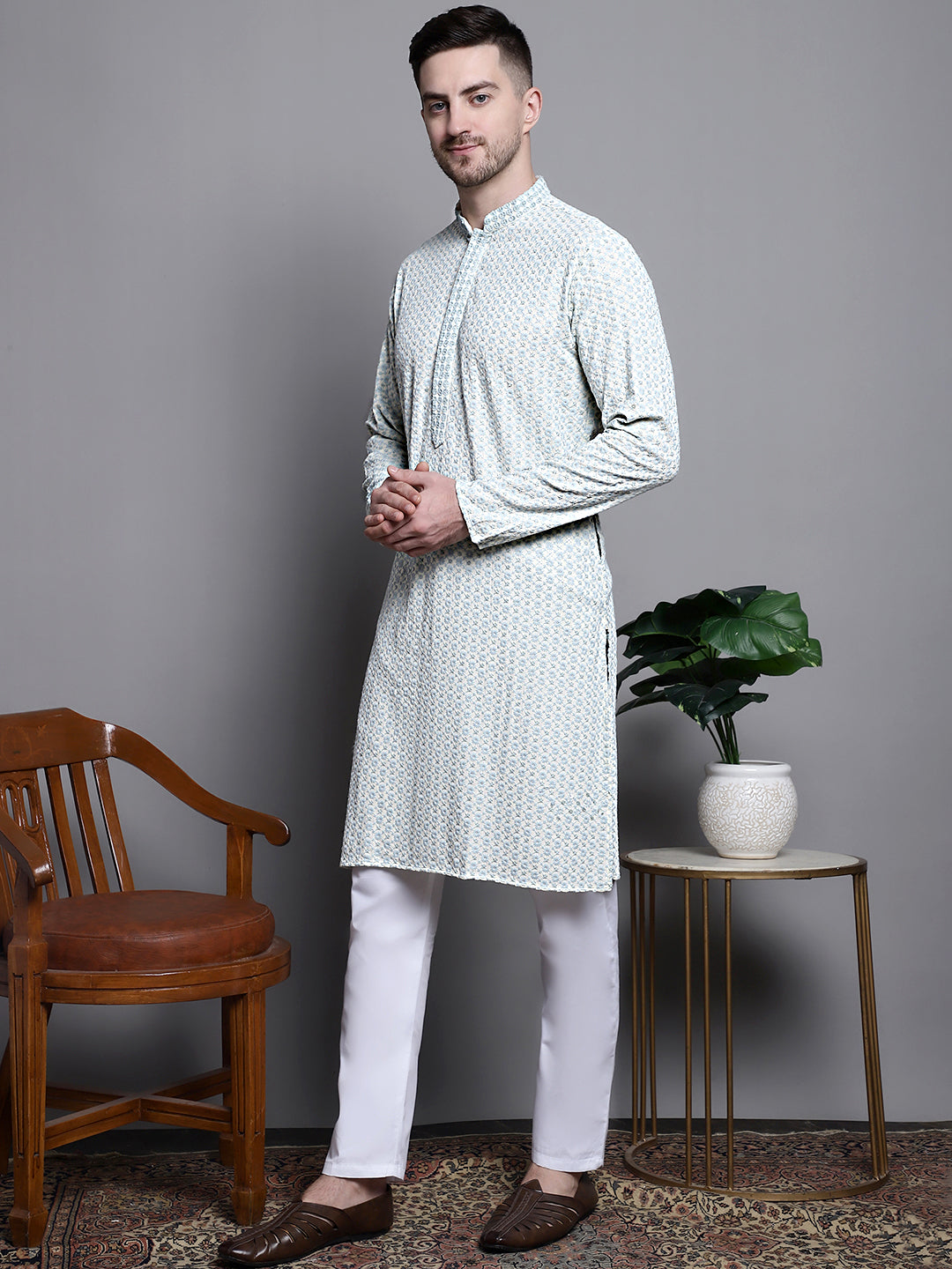 Sequin Embroidered Pure Cotton Kurta with Pyjamas