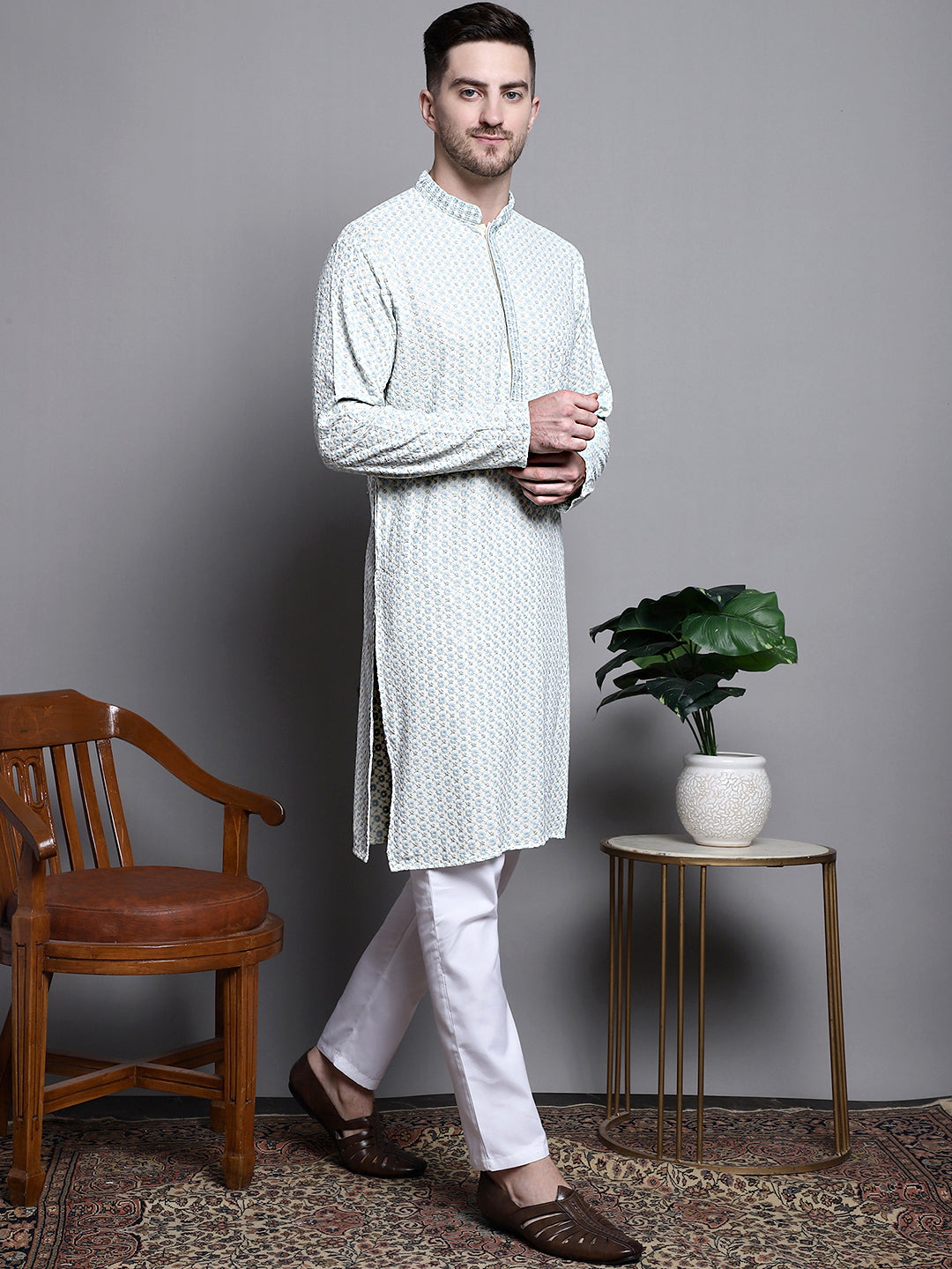 Sequin Embroidered Pure Cotton Kurta with Pyjamas