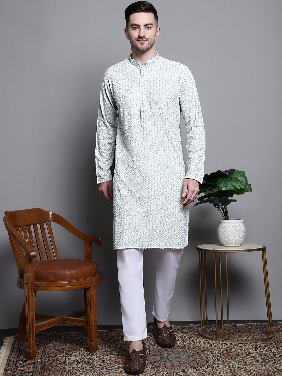 Sequin Embroidered Pure Cotton Kurta with Pyjamas