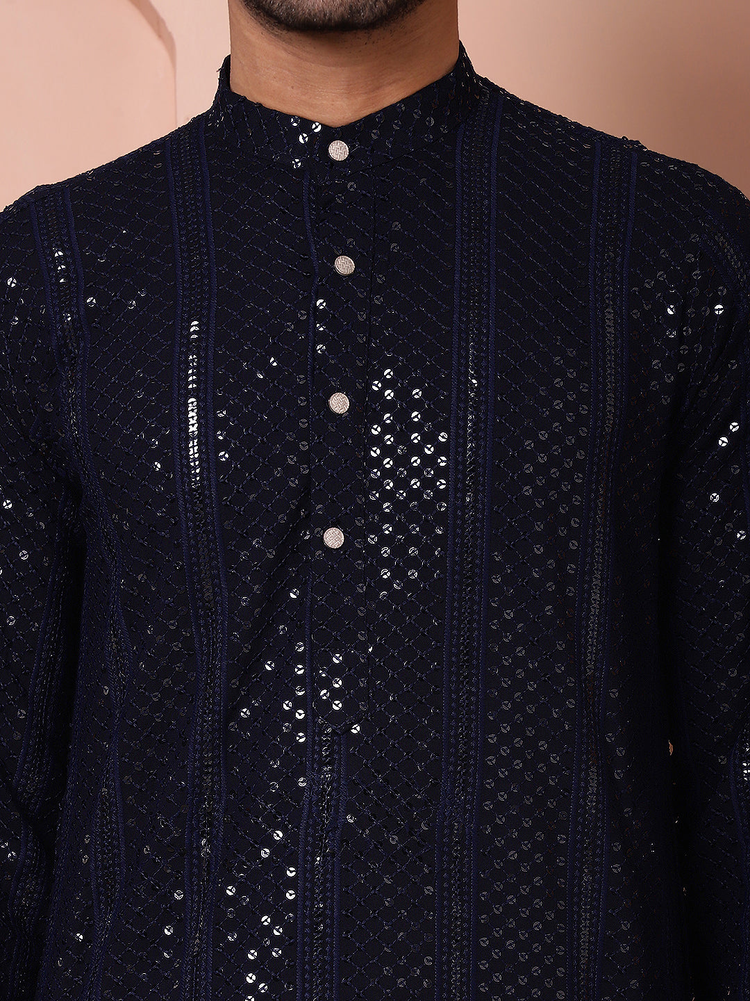 Men's Sequins Chikankari Embroidered Kurta with Pyjama ( JOKP P 5015Navy )