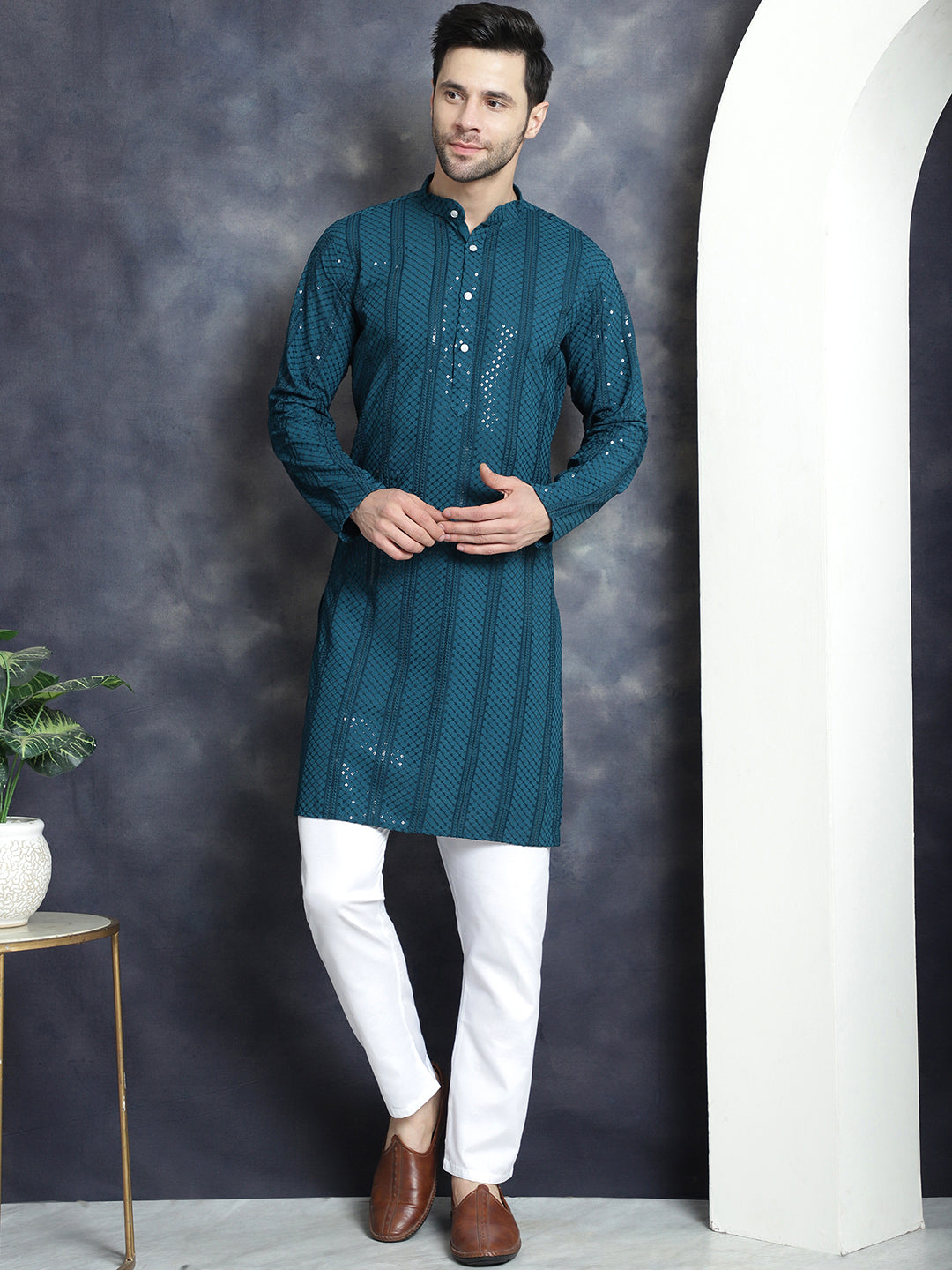 Men's Sequins Chikankari Embroidered Kurta with Pyjama ( JOKP P 5015Peacock )