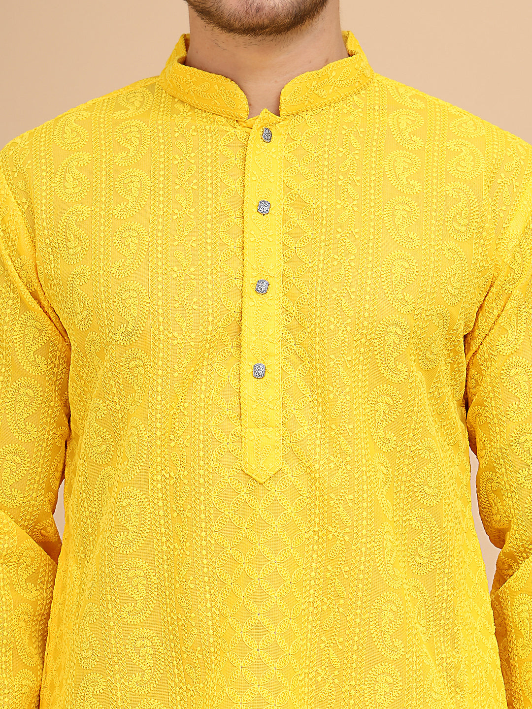Men's Embroidered Kurta Pyjama Set ( JOKP P 5021 Yellow )