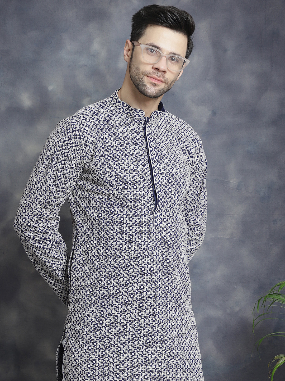 Sequin Embroidered Pure Cotton Kurta with Pyjamas ( JOKP P 5028Navy )