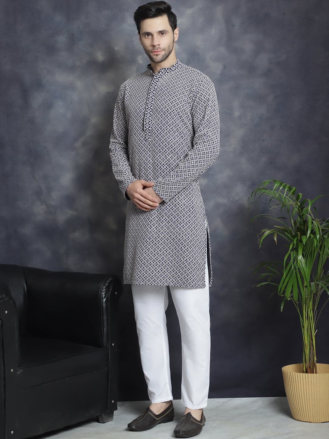 Sequin Embroidered Pure Cotton Kurta with Pyjamas ( JOKP P 5028Navy )