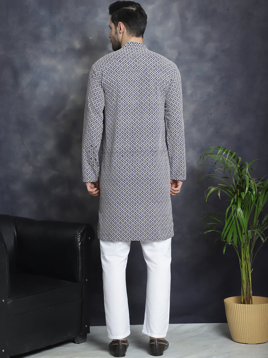 Sequin Embroidered Pure Cotton Kurta with Pyjamas ( JOKP P 5028Navy )