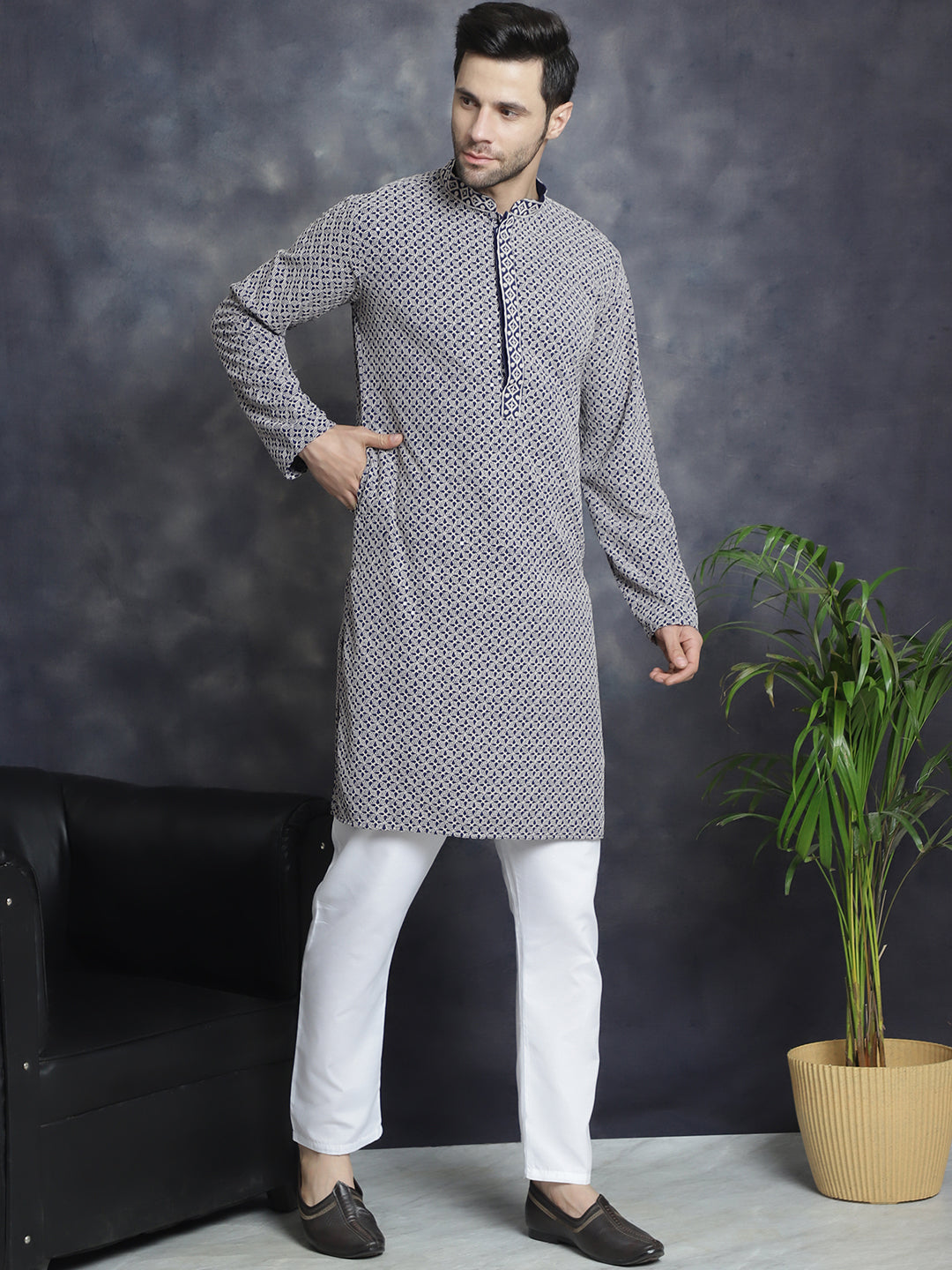 Sequin Embroidered Pure Cotton Kurta with Pyjamas ( JOKP P 5028Navy )