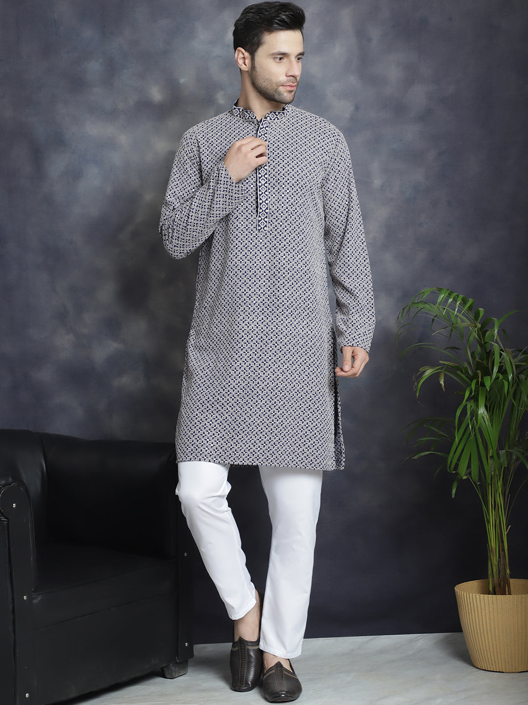 Sequin Embroidered Pure Cotton Kurta with Pyjamas ( JOKP P 5028Navy )