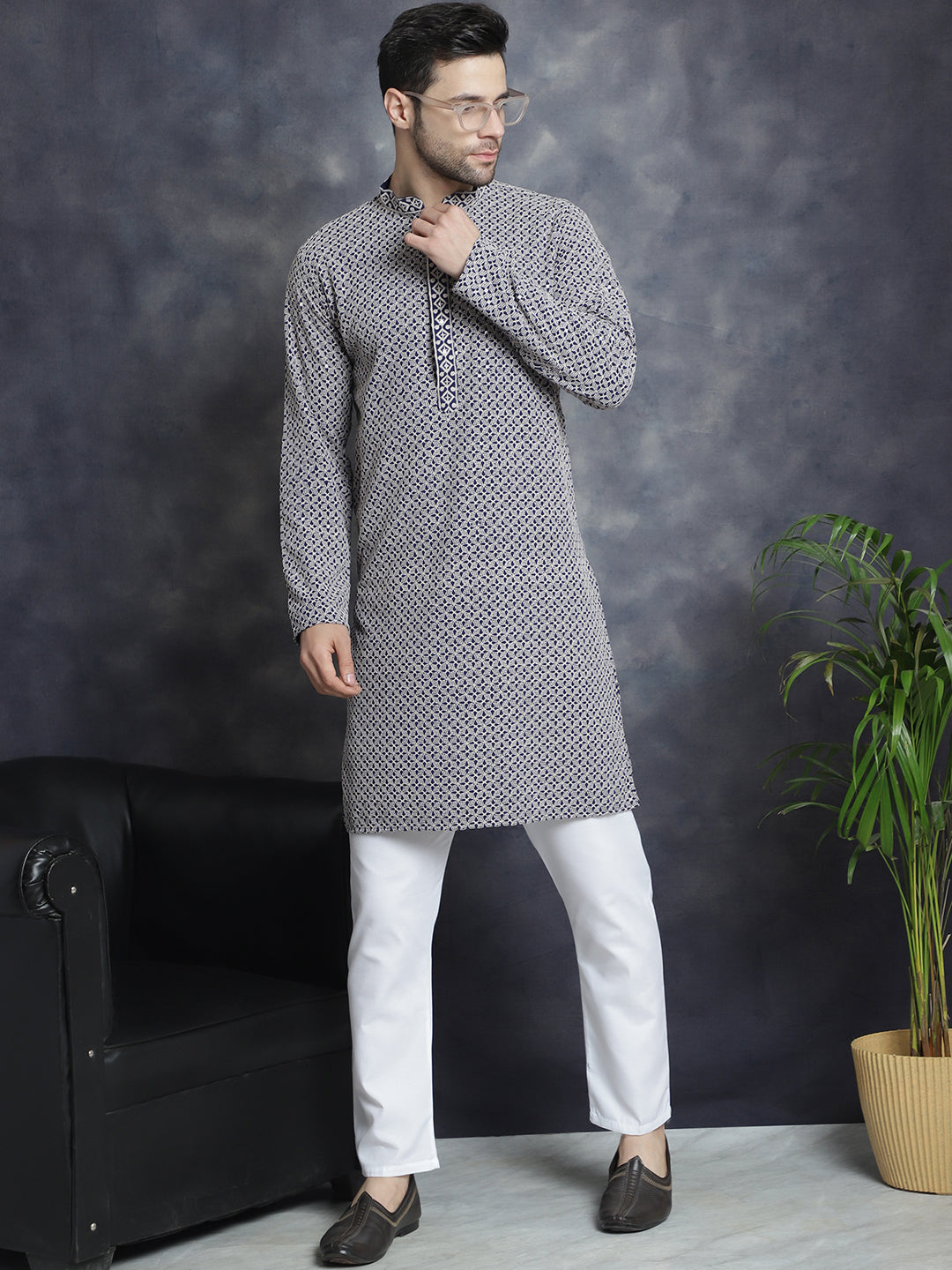 Sequin Embroidered Pure Cotton Kurta with Pyjamas ( JOKP P 5028Navy )