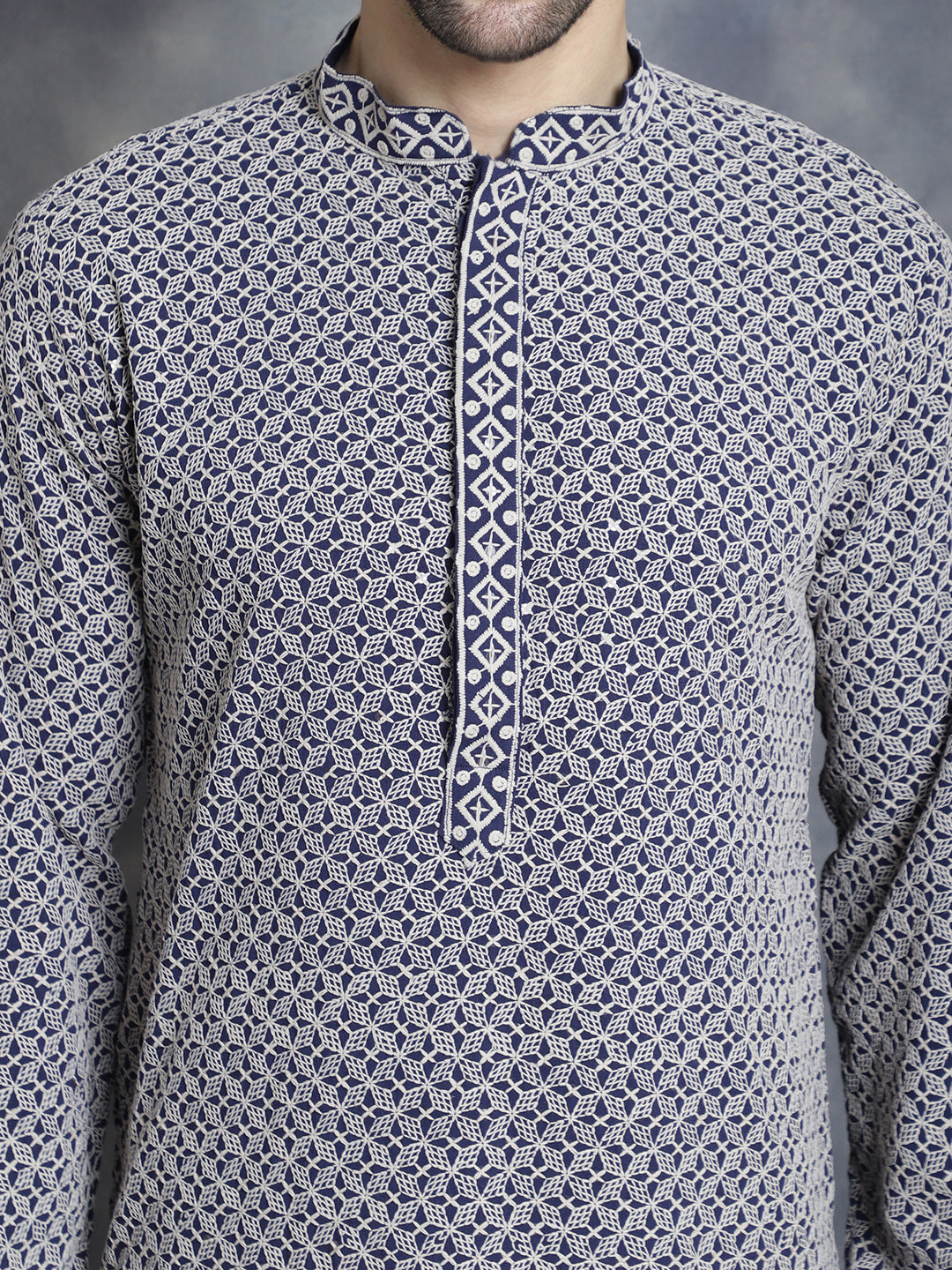 Sequin Embroidered Pure Cotton Kurta with Pyjamas ( JOKP P 5028Navy )