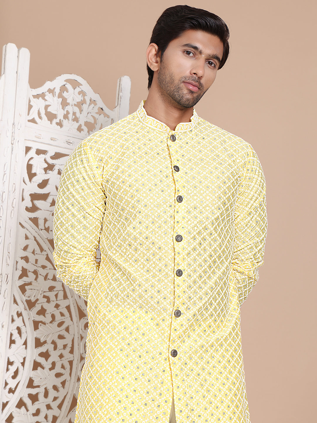 Sequin Chikankari Front Open Kurta With Pyjamas ( JOKP P 5029Yellow )