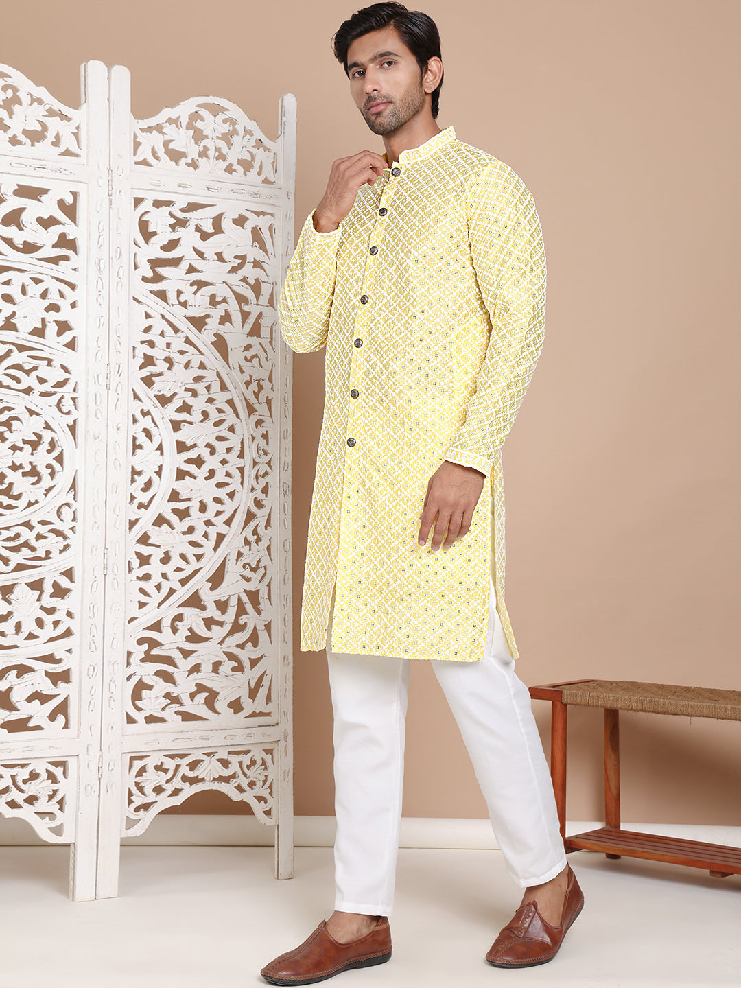 Sequin Chikankari Front Open Kurta With Pyjamas ( JOKP P 5029Yellow )